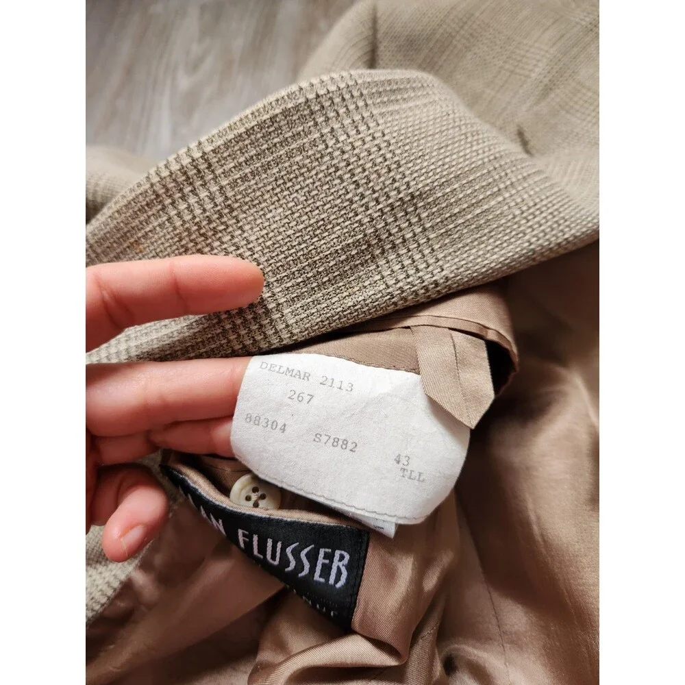 Alan Flusser Wool Linen Blend Tweed Double Breasted Blazer Beige Lined Mens 43T